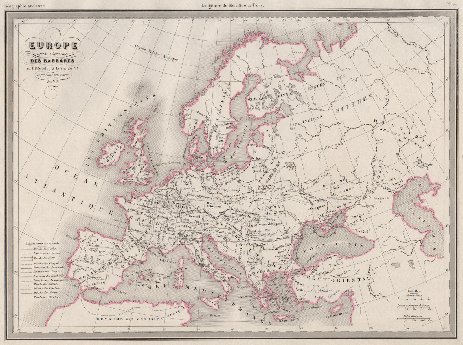 EUROPE.Après invasion des Barbares.post Barbarian migration.MALTE-BRUN c1846 map